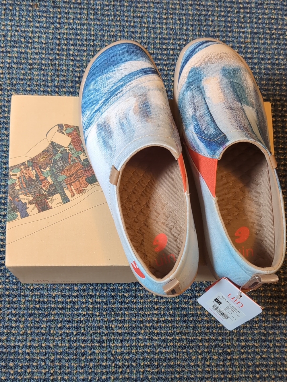NWT UIN Women's Slip-On Canvas Sneakers in Blue and Coral Accent